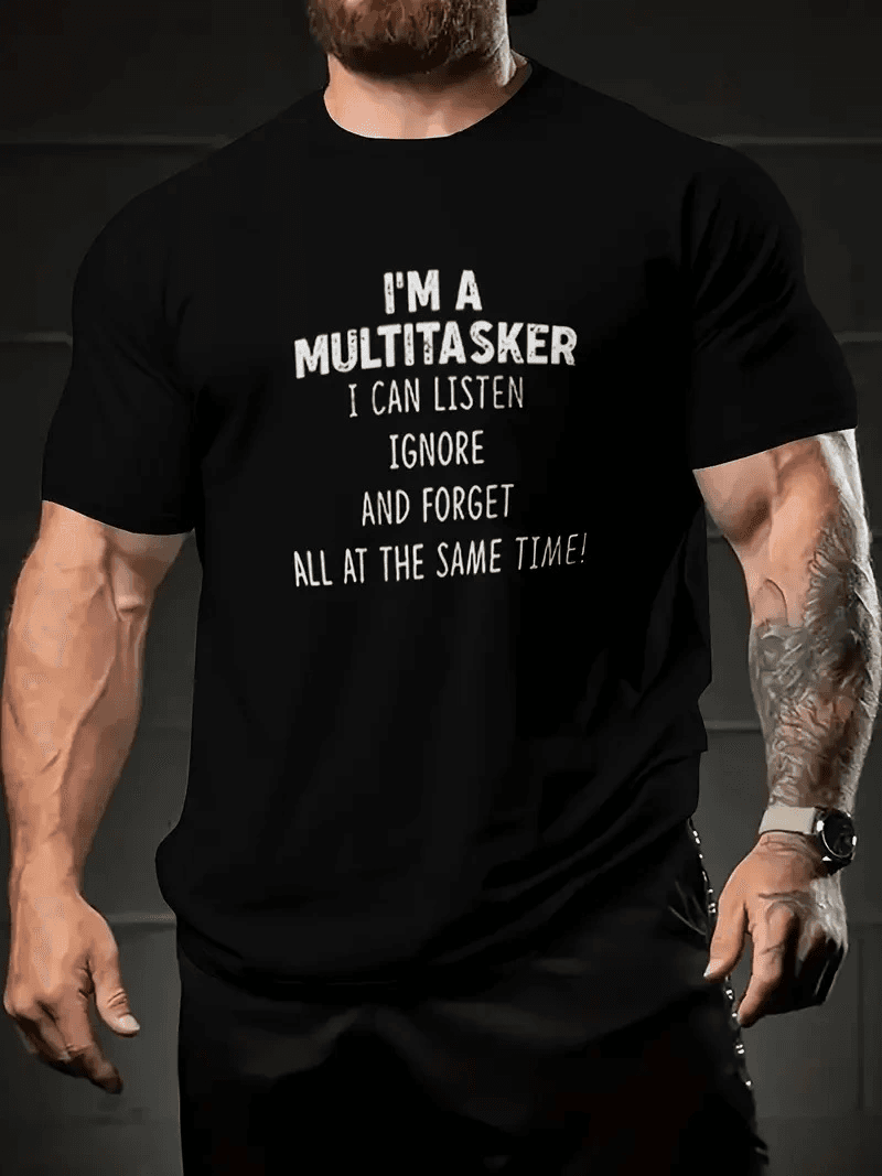 Erkek T-shirt Komik 'Multitasker' Baskılı Kısa kol Tişört - Siyah — görsel 1 / 3
