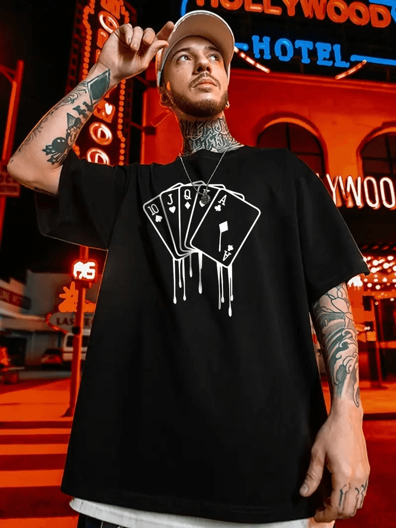 Erkek Kısa Kol Yazlık Tişört Bisiklet Yaka KART Baskılı T-Shirt - Siyah — görsel 1 / 6