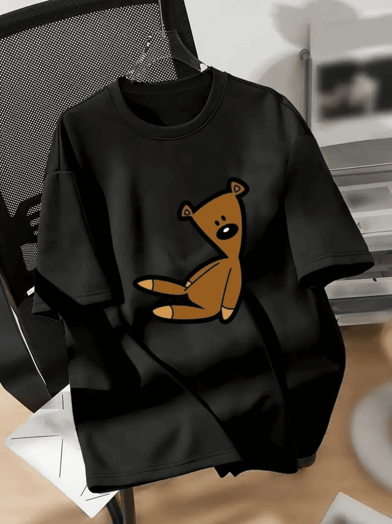 Kadın Tişört Ayı Baskılı Bisiklet Yaka Yazlık Kısa Kol T-shirt - Siyah — görsel 1 / 5