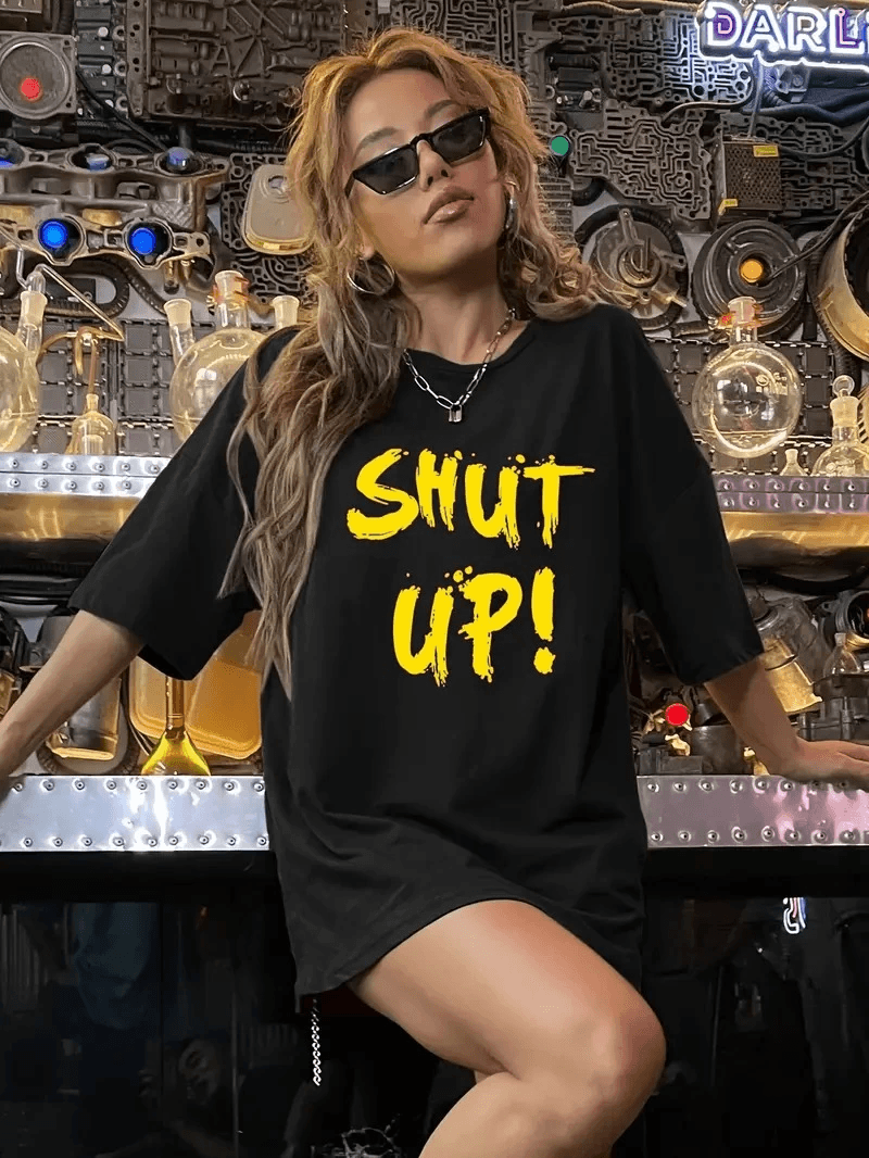 Kadın Tişört Shut up Baskılı Bisiklet Yaka Kısa Kol T-shirt - Siyah — görsel 1 / 5