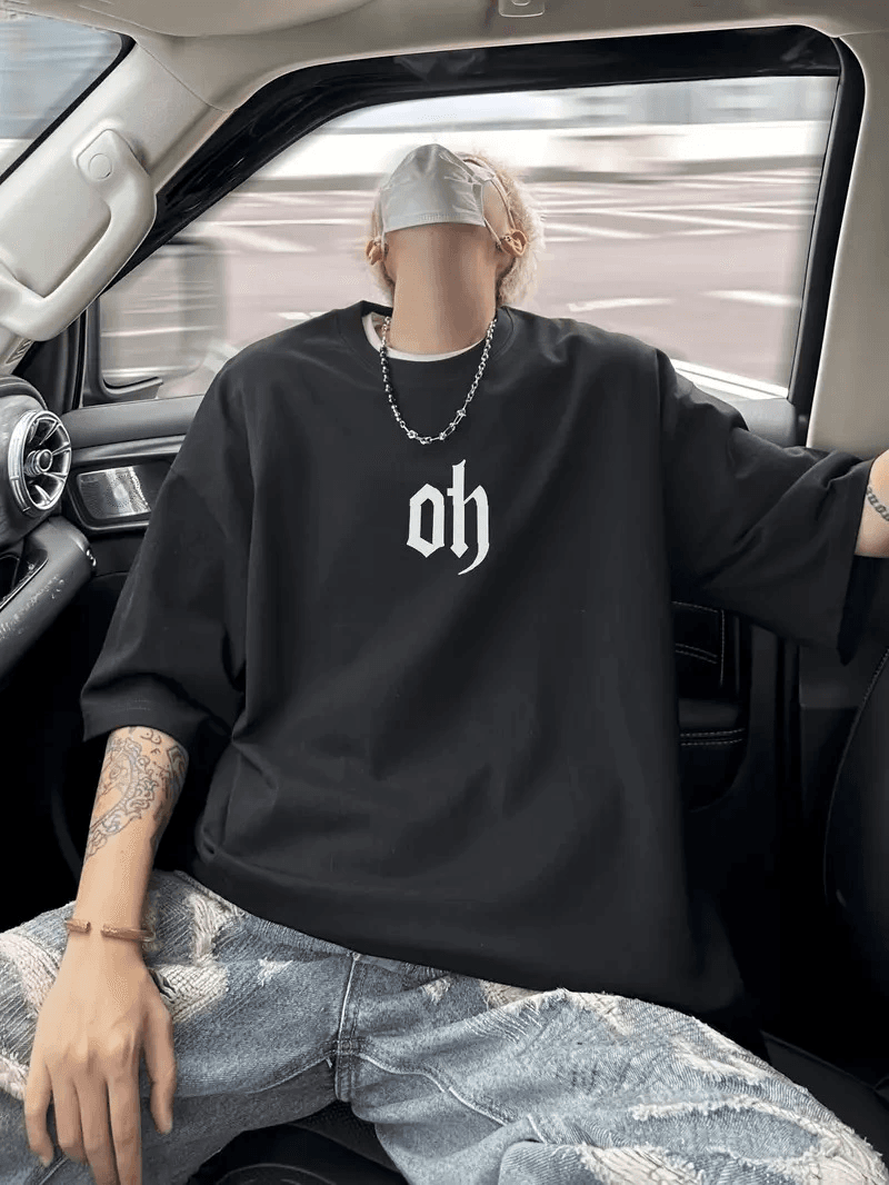 Erkek Kısa Kol Yazlık Tişört Bisiklet Yaka Baskılı Oversize T-Shirt - Siyah — görsel 1 / 4