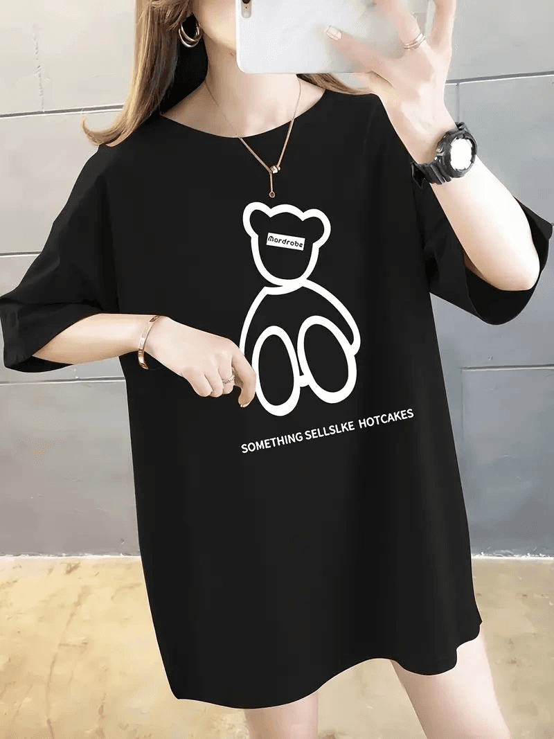 Kadın Tişört Penye Compack Baskılı Oversize Bisiklet Yaka T-shirt - Siyah — görsel 1 / 5