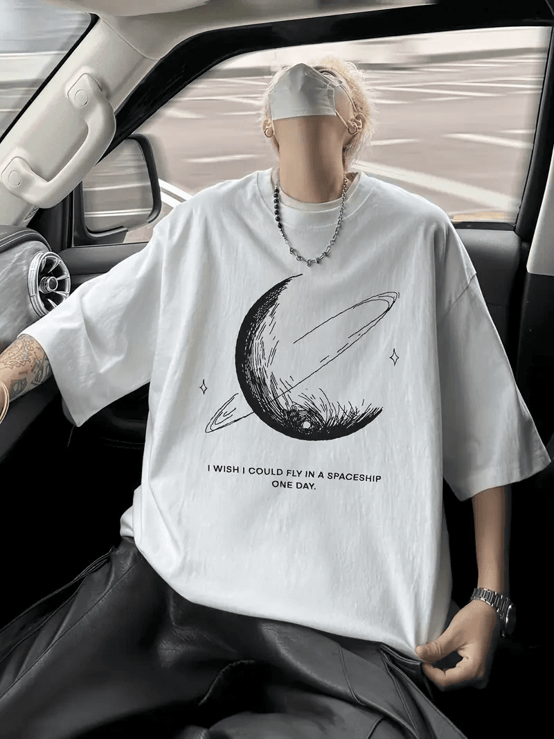 Erkek Baskılı Tişört Kısa Kol Bisiklet Yaka Oversize T-Shirt - Beyaz