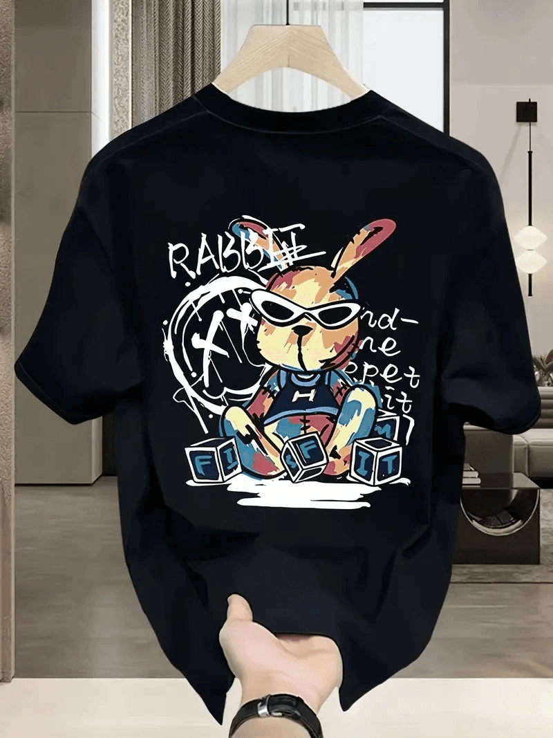Erkek T-shirt Tavşan Baskılı Kısa Kollu Tişört - Siyah — görsel 1 / 3