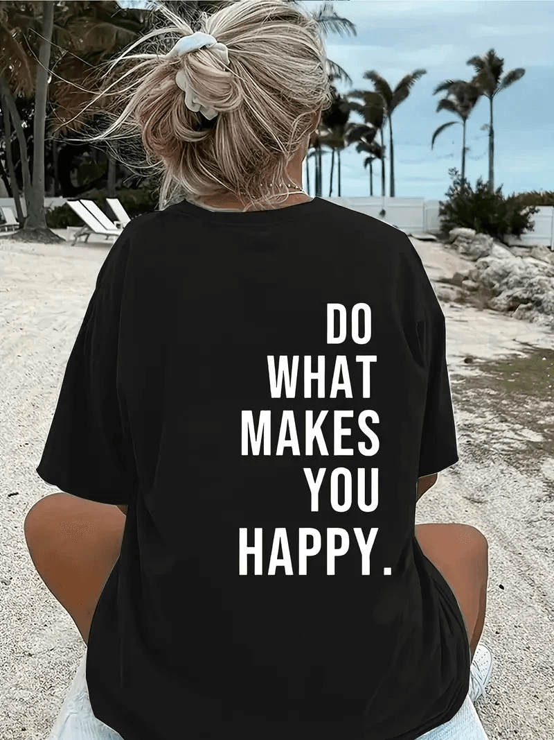 Kadın Kısa Kol Yazlık Tişört Bisiklet Yaka Baskılı Oversize T-Shirt - Siyah
