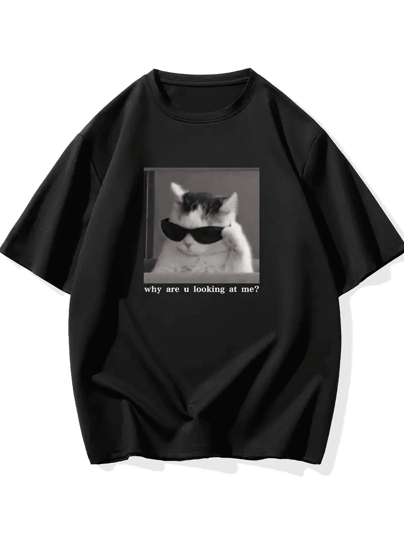 Erkek T-Shirt Komik Kedi Baskılı kısa kol Tişört - Siyah — görsel 1 / 5