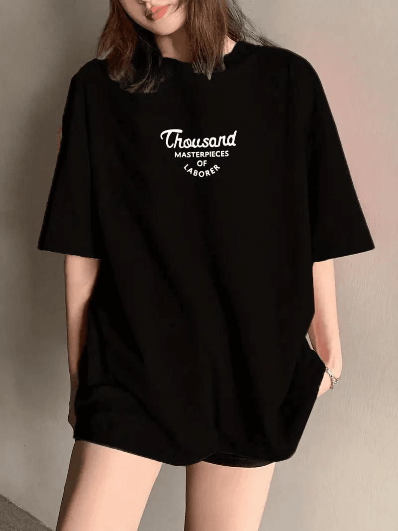 Kadın Baskılı Tişört Bisiklet yaka yazlık Kısa Kol oversize t-shirt - Siyah — görsel 1 / 3