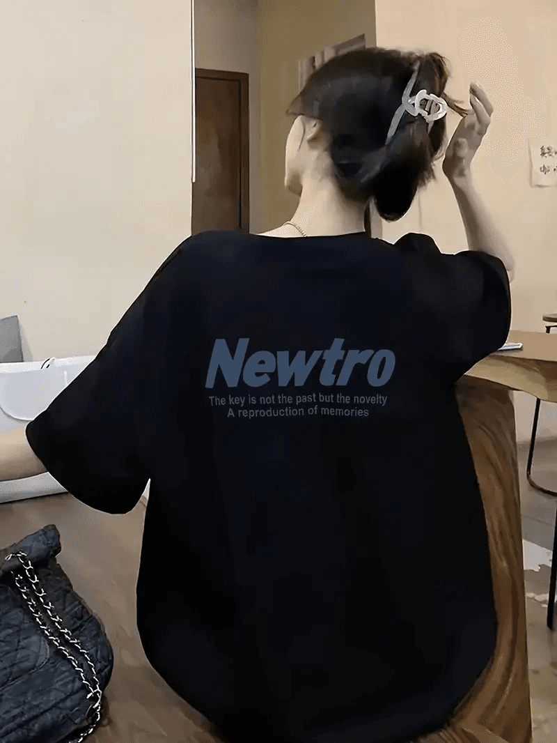 Kadın Tişört Newtro Baskılı Oversize Bisiklet Yaka T-shirt - Siyah