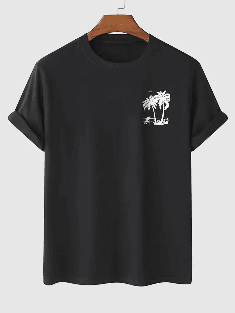 Erkek Kısa Kol Yazlık Tişört Bisiklet Yaka Palmiye Baskılı T-Shirt - Siyah