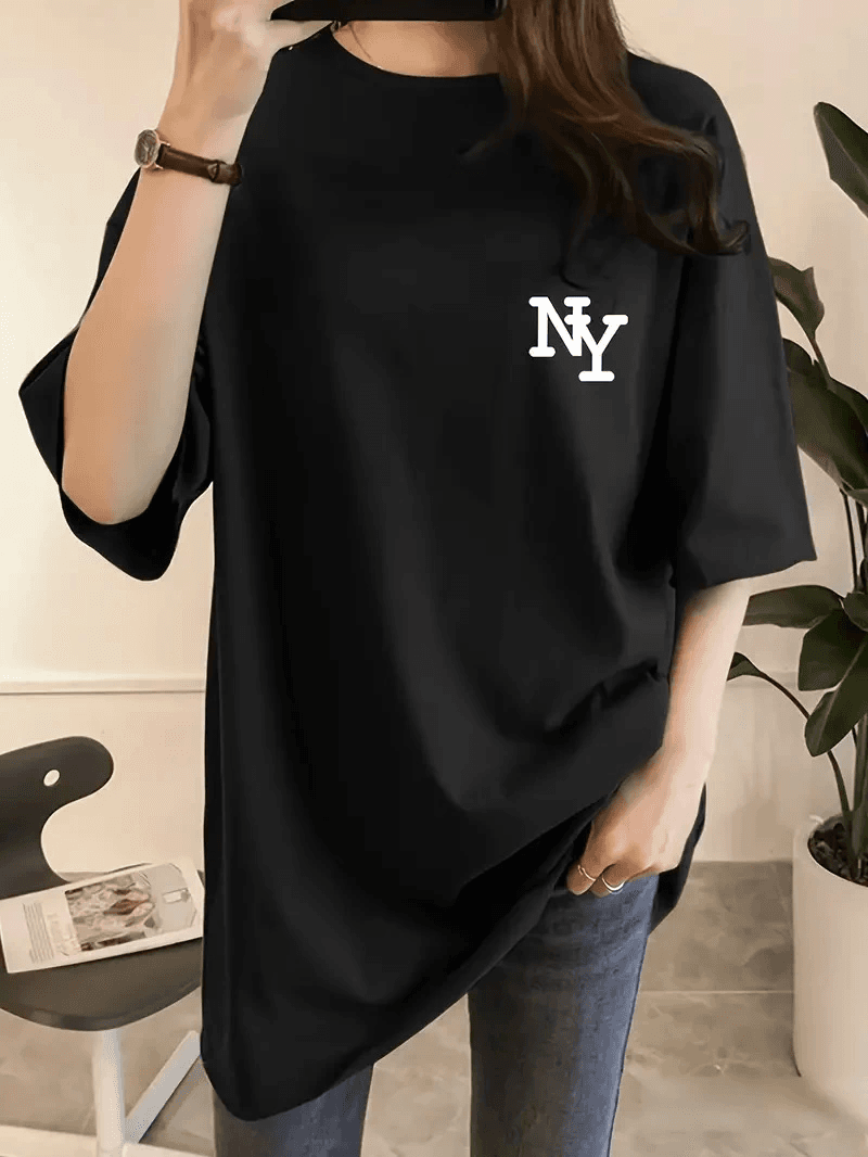 Kadın T-shirt Bisiklet yaka NY Baskılı kısa kol Tişört - Siyah — görsel 1 / 4