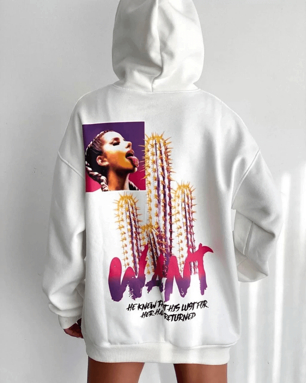 Kadın Oversize Kapüşonlu Cepli WANT Baskılı 3 İplik Pamuklu Hoodie Sweatshirt - Beyaz