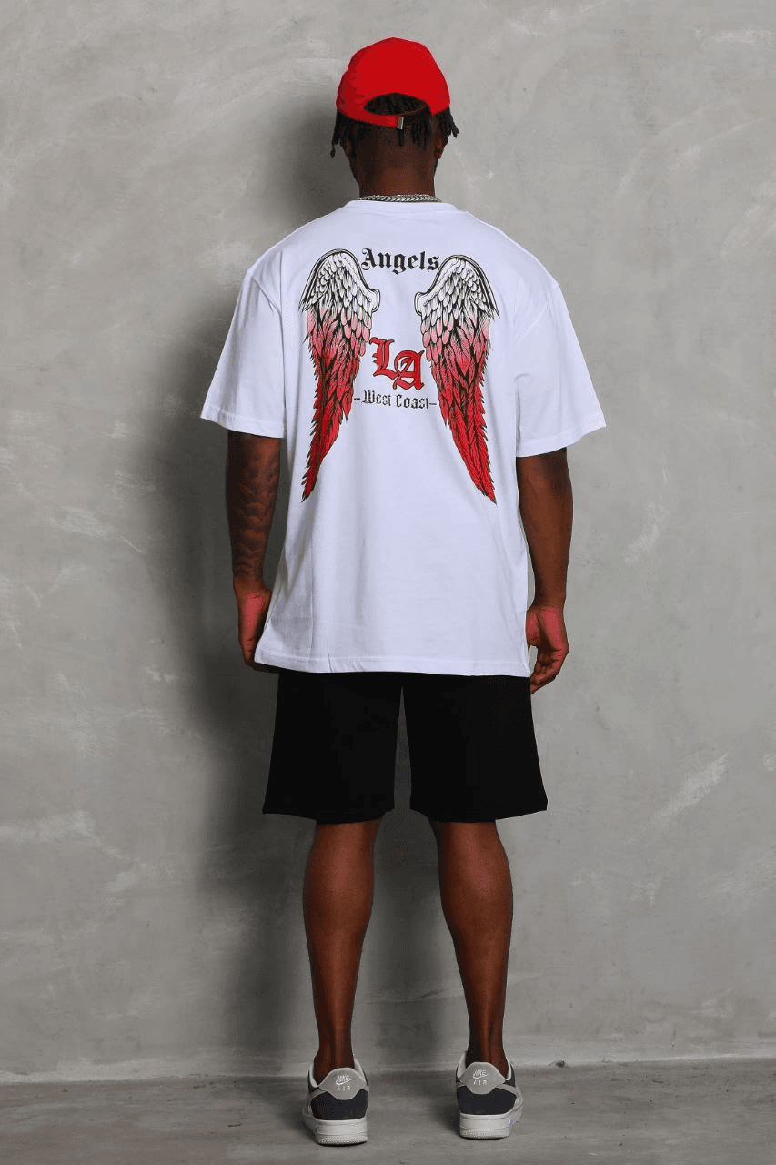 Erkek Kısa Kol Tişört Bisiklet Yaka KANAT Baskılı Oversize T-Shirt - Beyaz — görsel 1 / 6