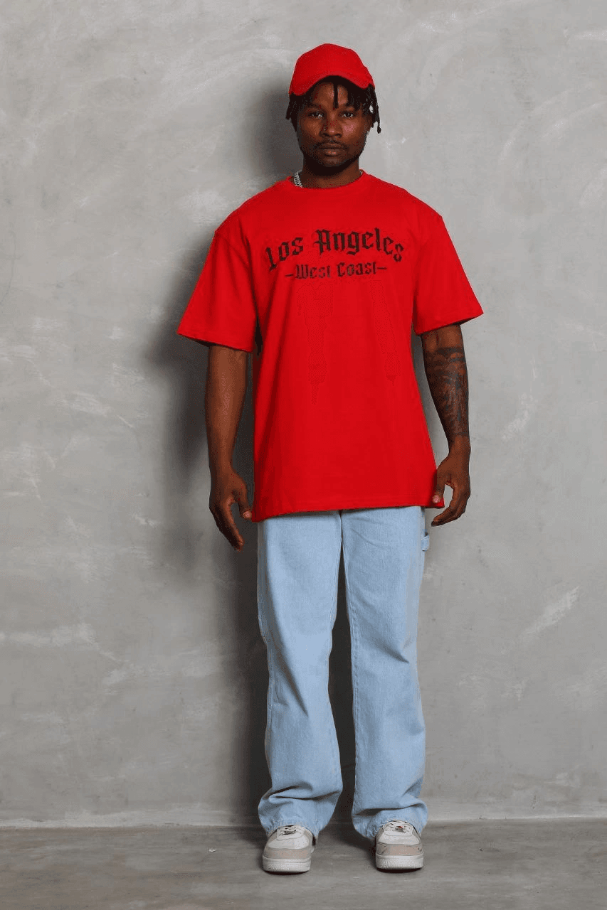 Erkek Baskılı Tişört Kısa Kol Bisiklet Yaka Oversize T-Shirt - Kırmızı — görsel 1 / 6