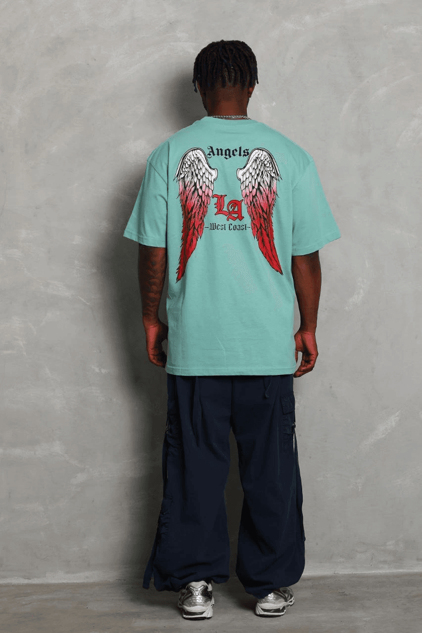 Erkek Kısa Kol Tişört Bisiklet Yaka KANAT Baskılı Oversize T-Shirt - Mint Yeşili — görsel 1 / 6