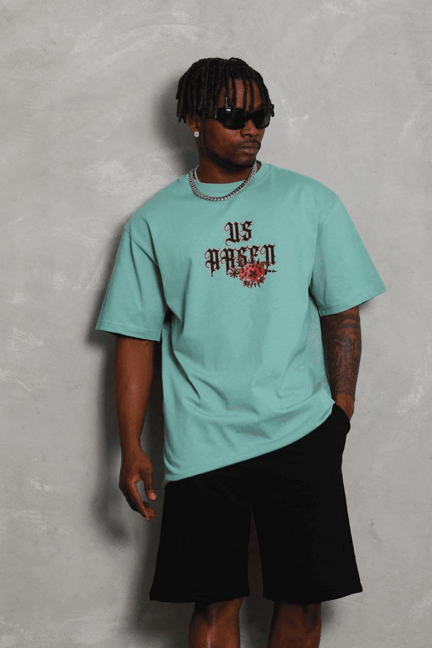 Erkek Baskılı Tişört Kısa Kol Bisiklet Yaka Oversize T-Shirt - Mint Yeşili — görsel 1 / 5