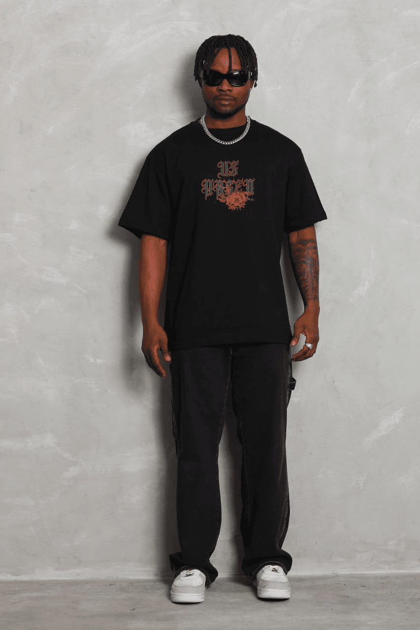 Erkek Baskılı Tişört Kısa Kol Bisiklet Yaka Oversize T-Shirt - Siyah