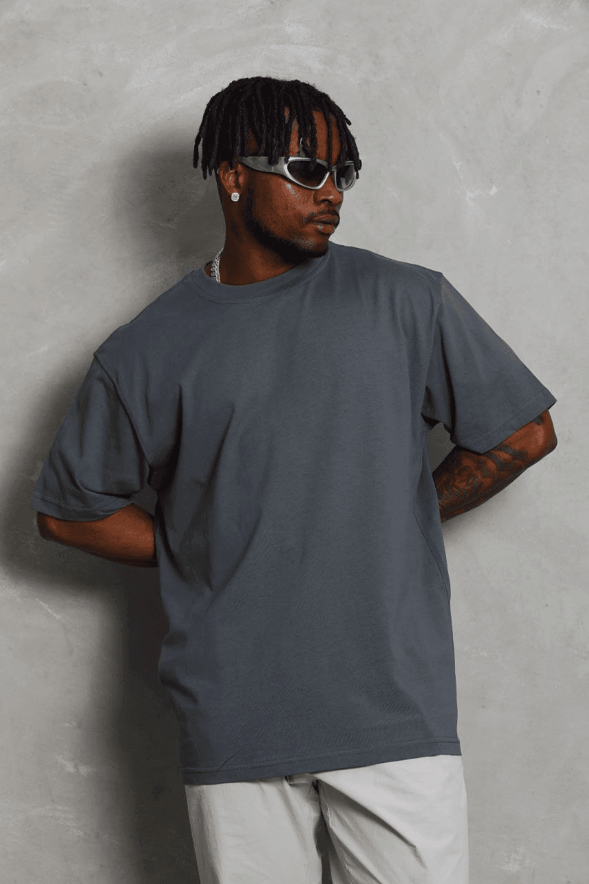 Erkek Düz Yazlık Kısa Kol Tişört Bisiklet Yaka Oversize T-Shirt - Füme — görsel 1 / 5