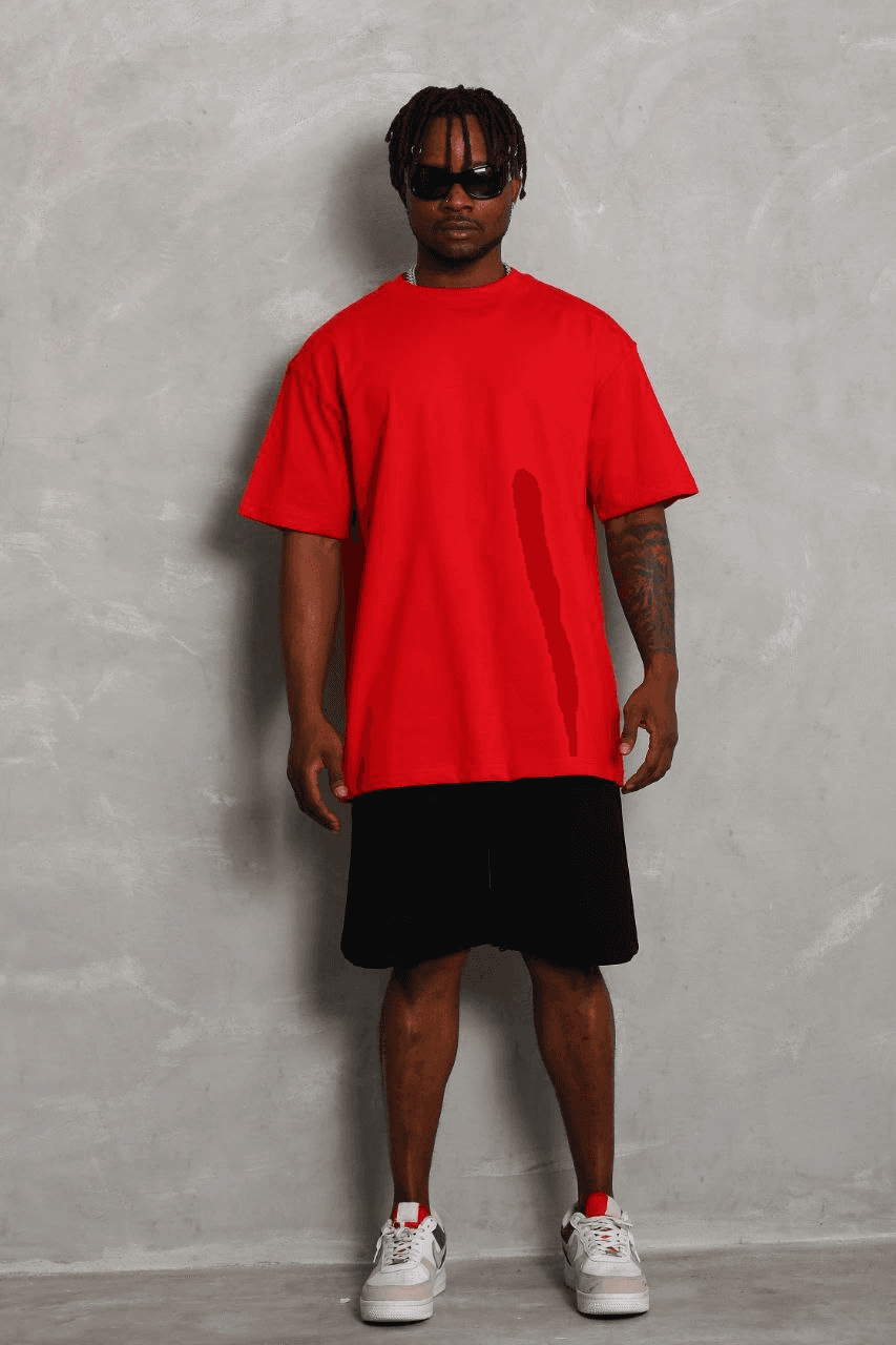 Erkek Düz Yazlık Kısa Kol Tişört Bisiklet Yaka Oversize T-Shirt - Kırmızı — görsel 1 / 5