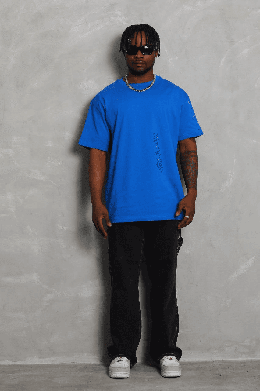 Erkek Düz Yazlık Kısa Kol Tişört Bisiklet Yaka Oversize T-Shirt - Mavi — görsel 1 / 5