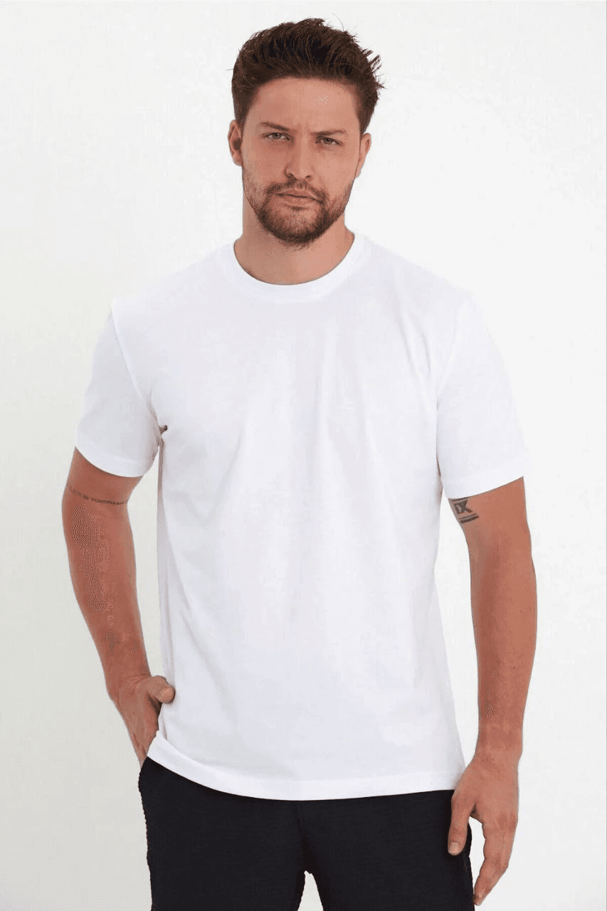 Erkek Düz Penye Tişört Bisiklet Yaka Kısa Kol Regular Fit T-Shirt - Beyaz — görsel 1 / 3