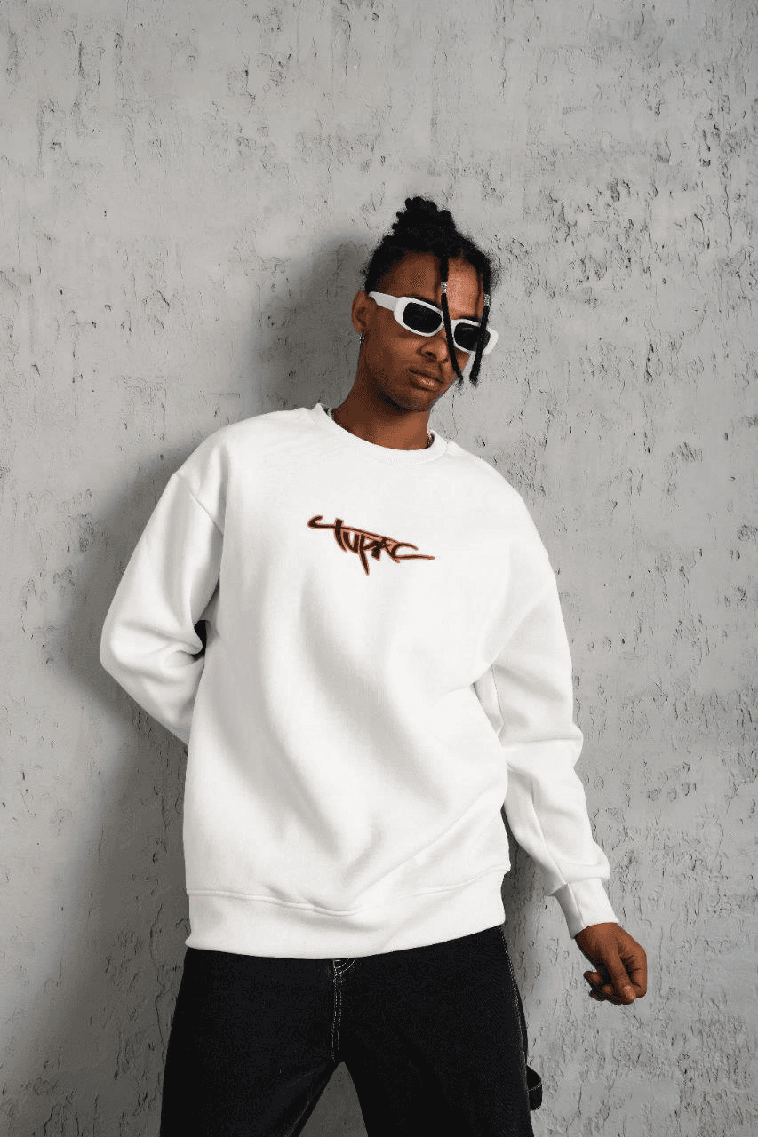 Erkek 3 İplik Pamuklu Bisiklet Yaka Gangster Baskılı Sweatshirt - Beyaz — görsel 1 / 2