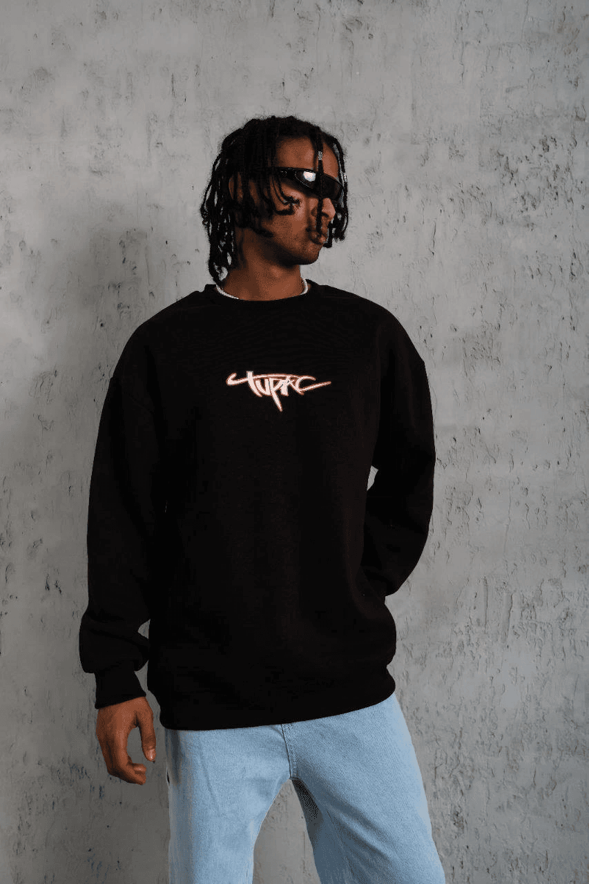 Erkek 3 İplik Pamuklu Bisiklet Yaka Gangster Baskılı Sweatshirt - Siyah — görsel 1 / 3