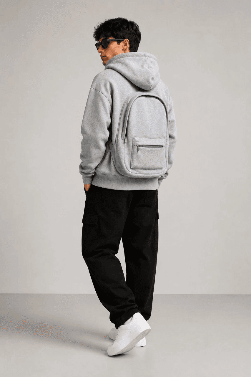 Erkek 3 İplik Şardonlu Tam Fermuarlı Kapüşonlu Arka Çanta Detaylı Sweatshirt - Gri — görsel 1 / 6