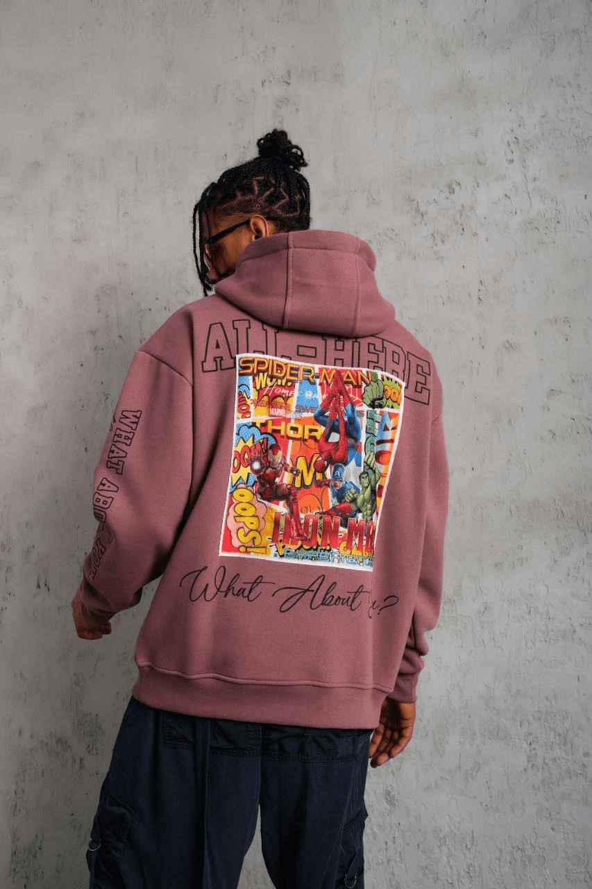 Erkek 3 İplik Pamuklu Kapüşonlu Baskılı Cepli Sweatshirt Hoodie - Gül Kurusu — görsel 1 / 8