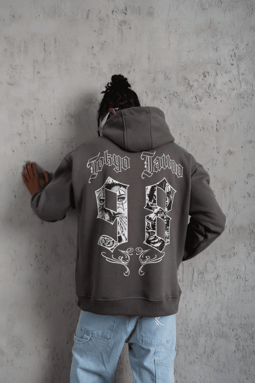 Erkek 3 İplik Pamuklu Kapüşonlu Baskılı Cepli Oversize Sweatshirt Hoodie - Gri — görsel 1 / 5