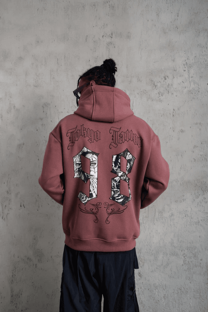 Erkek 3 İplik Pamuklu Kapüşonlu Baskılı Cepli Sweatshirt Hoodie - Gül Kurusu — görsel 1 / 5