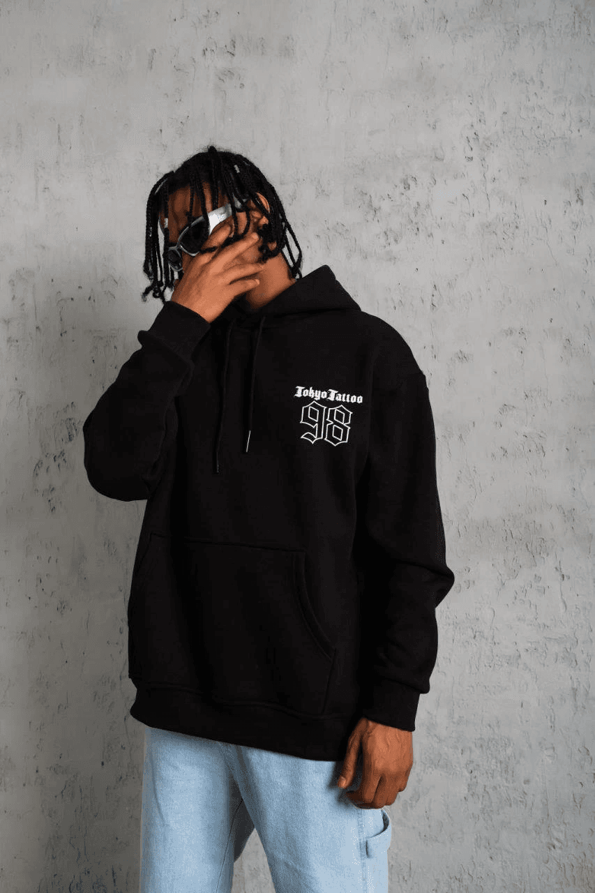 Erkek 98 Baskılı Kapüşonlu 3 iplik pamuklu hoodie Sweatshirt - Siyah — görsel 1 / 5