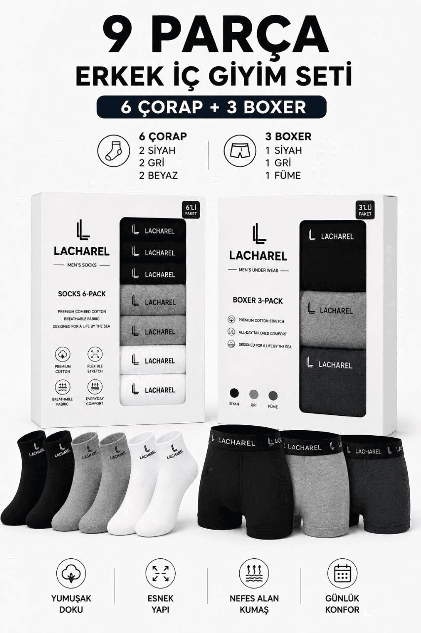 Erkek 9'Lu İç Giyim Seti Pamuklu 3 Boxer 6 Çorap Çoklu Paket - Siyah - Füme - Gri - Beyaz — görsel 1 / 3
