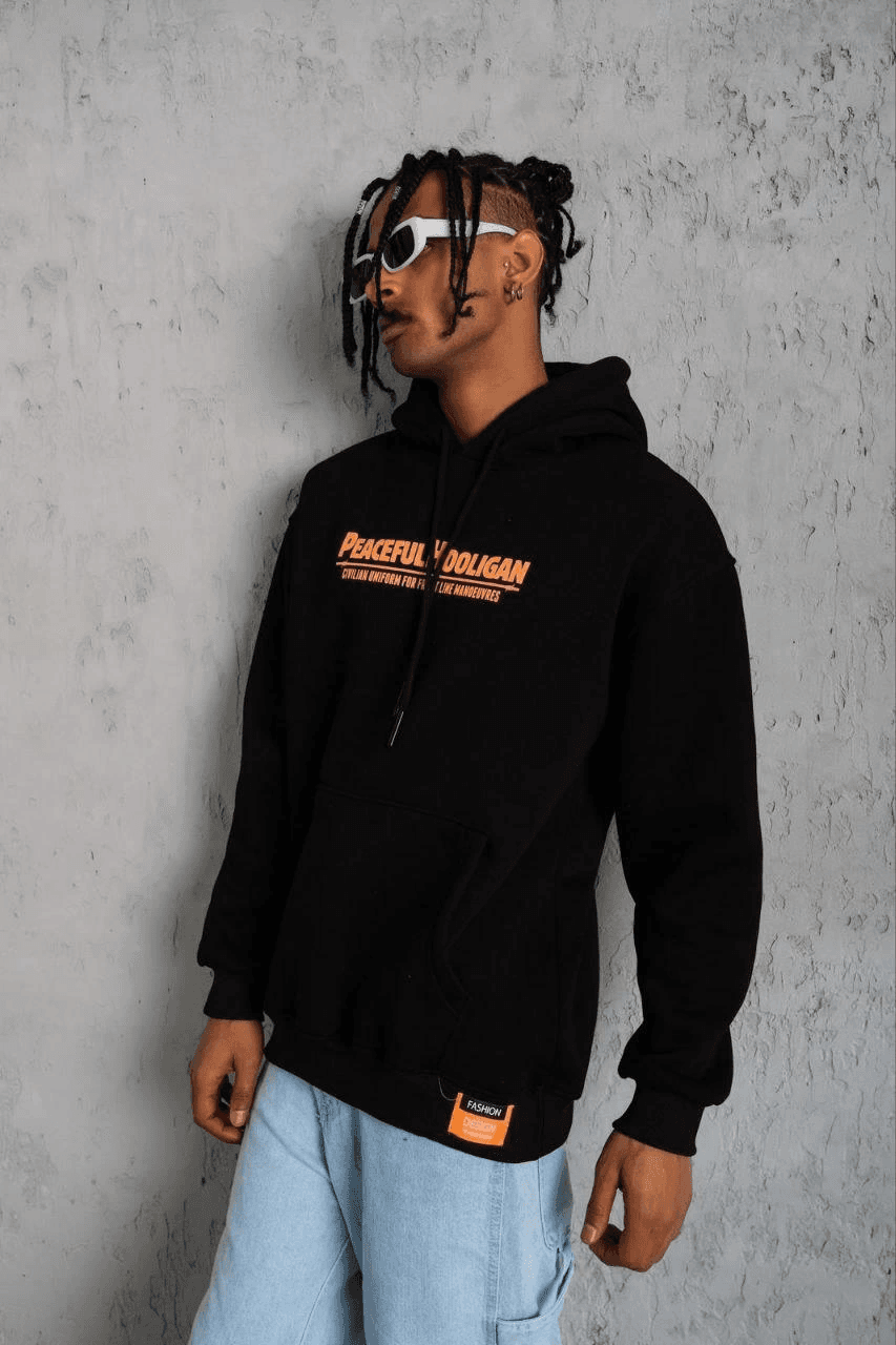 Erkek 3 İplik Pamuklu Kapüşonlu Baskılı Cepli Oversize Sweatshirt Hoodie - Siyah — görsel 1 / 2