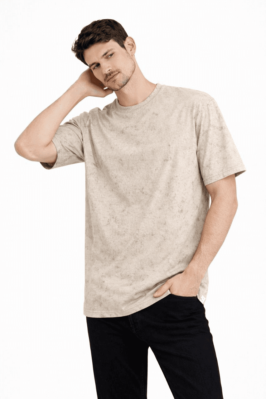 Erkek Asit Yıkama Bisiklet Yaka Kısa Kollu Oversize T-Shirt Tişört - Bej — görsel 1 / 4