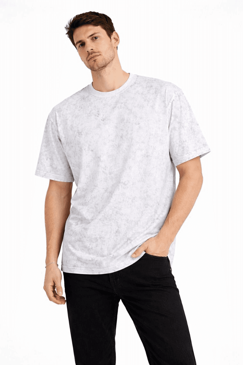 Erkek Asit Yıkama Bisiklet Yaka Kısa Kollu Oversize T-Shirt Tişört - Beyaz — görsel 1 / 4