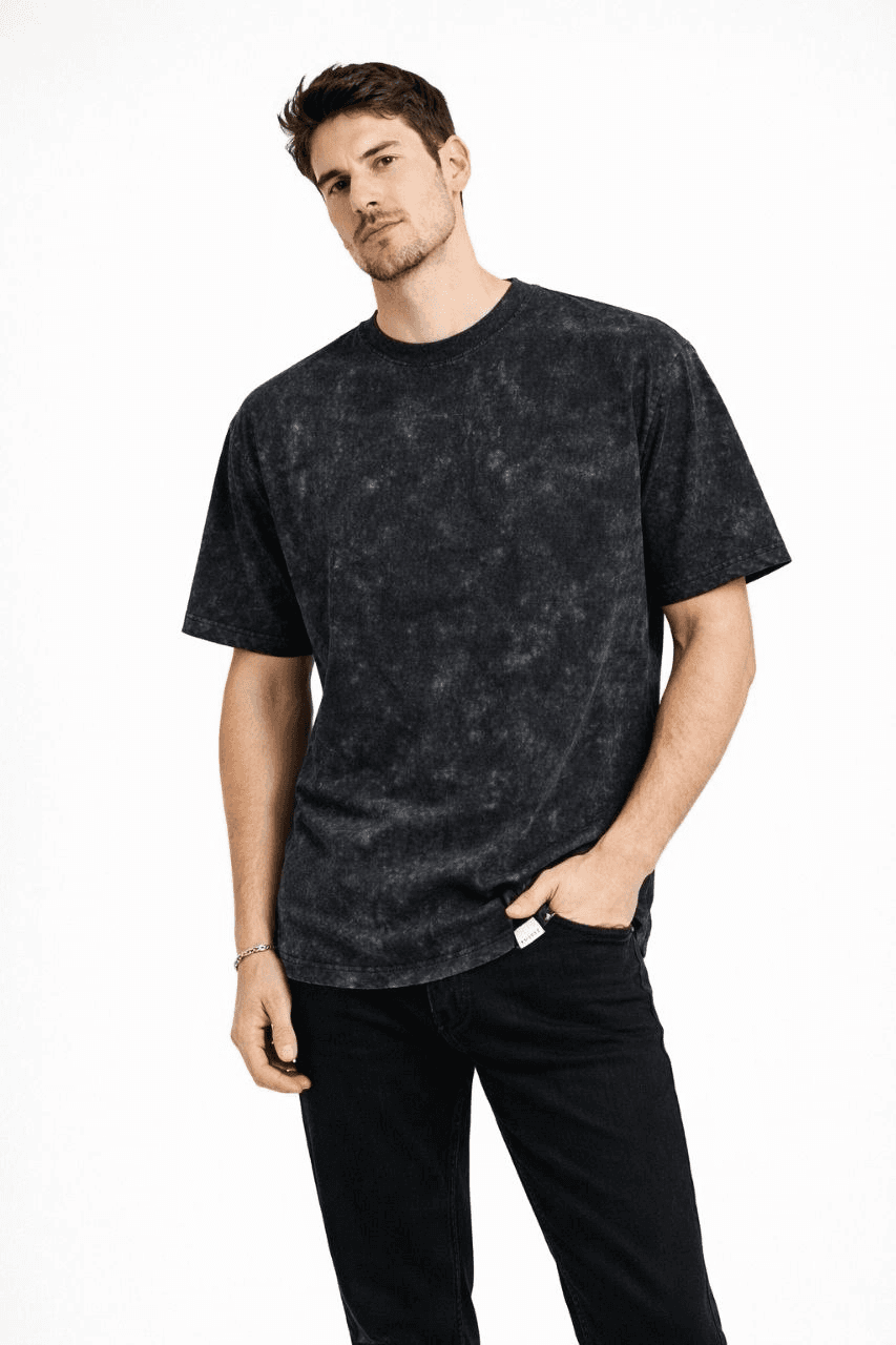 Erkek Asit Yıkama Bisiklet Yaka Kısa Kollu Oversize T-Shirt Tişört - Siyah — görsel 1 / 4
