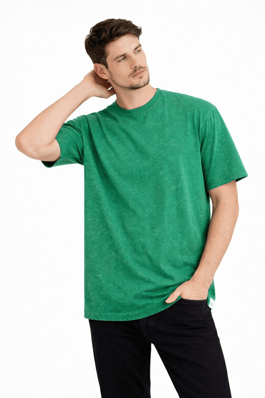 Erkek Asit Yıkama Bisiklet Yaka Kısa Kollu Oversize T-Shirt Tişört - Yeşil — görsel 1 / 4