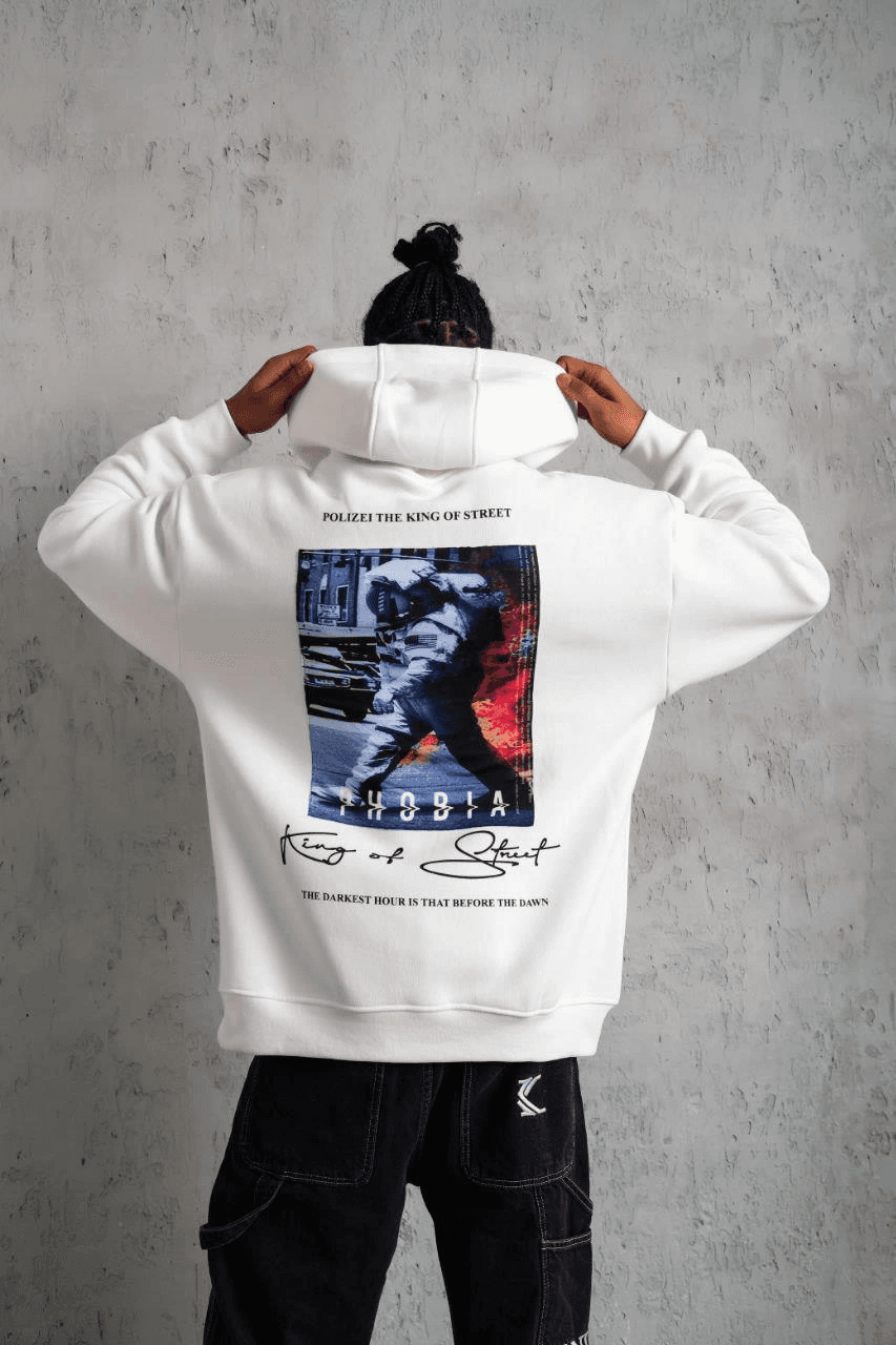 Erkek 3 İplik Pamuklu Kapüşonlu Baskılı Cepli Oversize Sweatshirt Hoodie - Beyaz — görsel 1 / 4