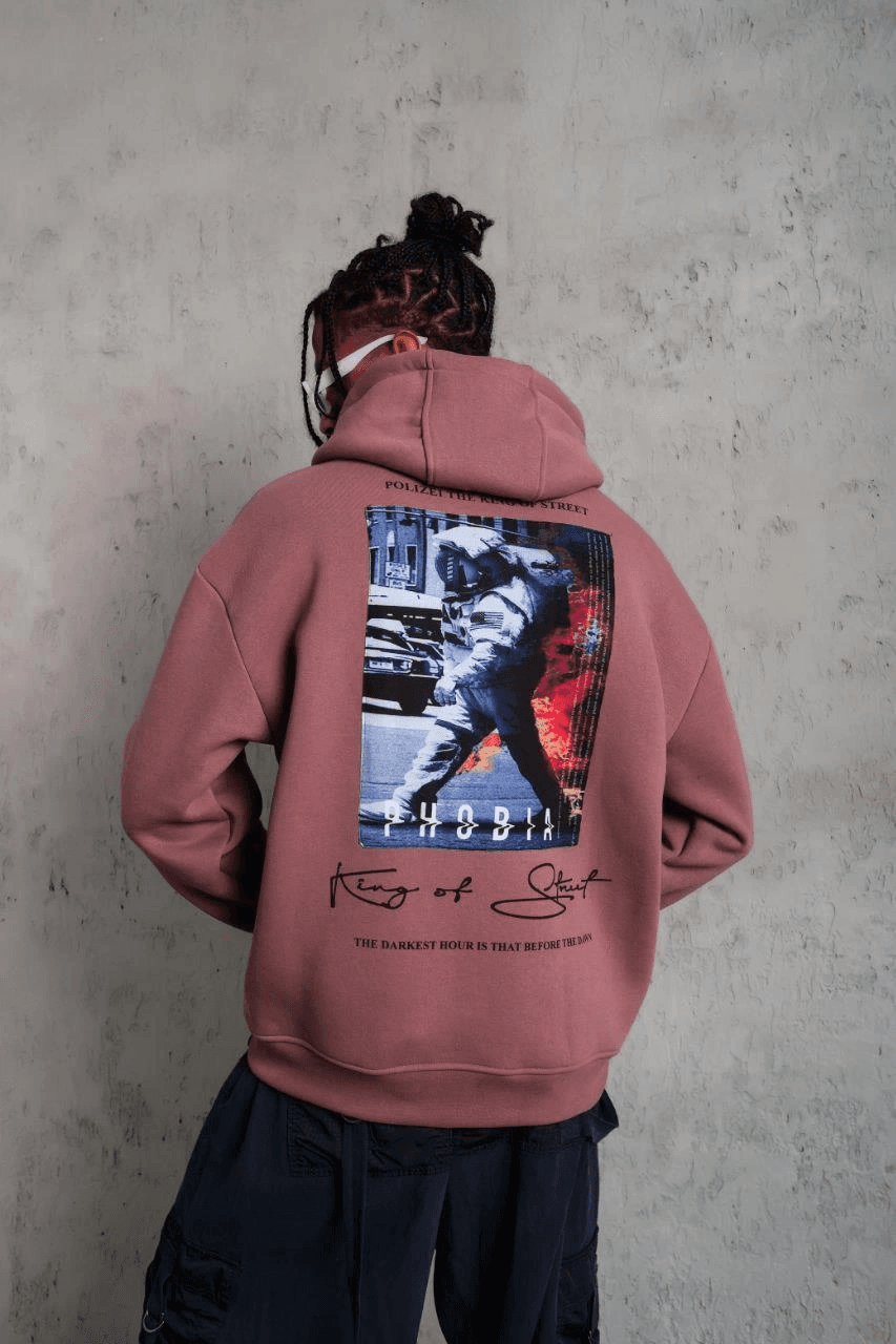 Erkek 3 İplik Pamuklu Kapüşonlu Baskılı Cepli Oversize Sweatshirt Hoodie - Gül Kurusu — görsel 1 / 5