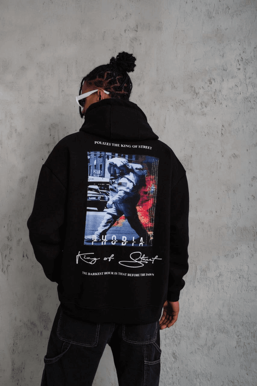 Erkek 3 İplik Pamuklu Kapüşonlu Baskılı Cepli Oversize Sweatshirt Hoodie - Siyah