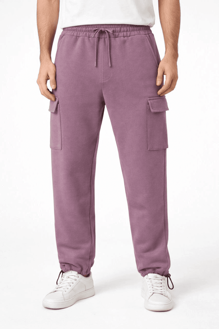 Erkek Baggy 3 İplik Kargo Cepli Eşofman Altı Ayarlanabilir Paça Pantolon - Gül Kurusu
