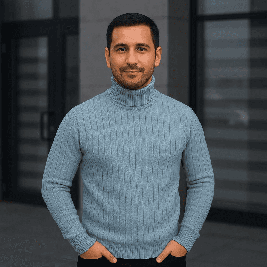 Erkek Tam Boğazlı Balıkçı Yaka Triko Kazak Kalın Fitilli - Bebek Mavisi — görsel 1 / 3