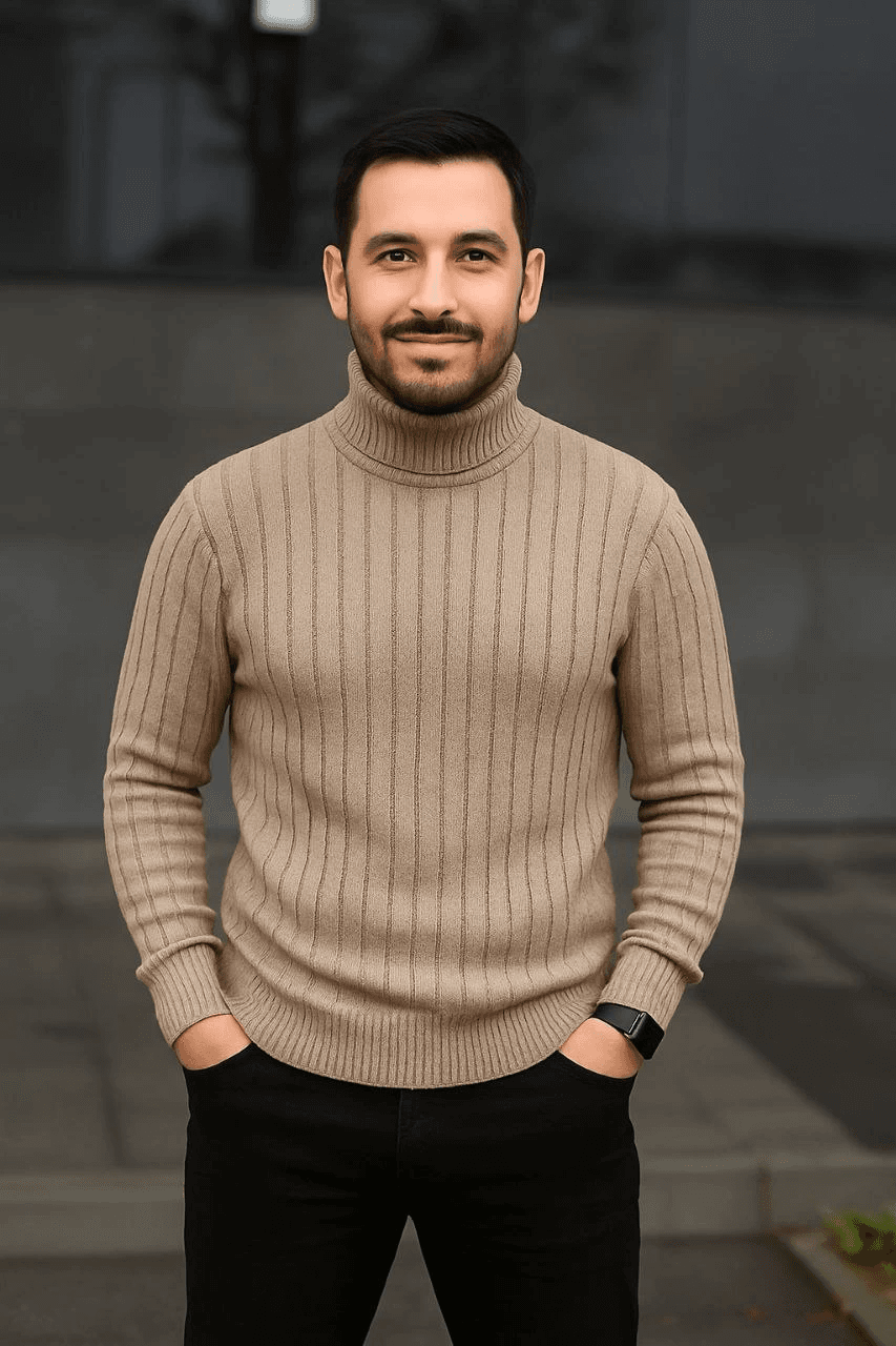 Erkek Tam Boğazlı Balıkçı Yaka Triko Kazak Kalın Fitilli - Bej — görsel 1 / 4