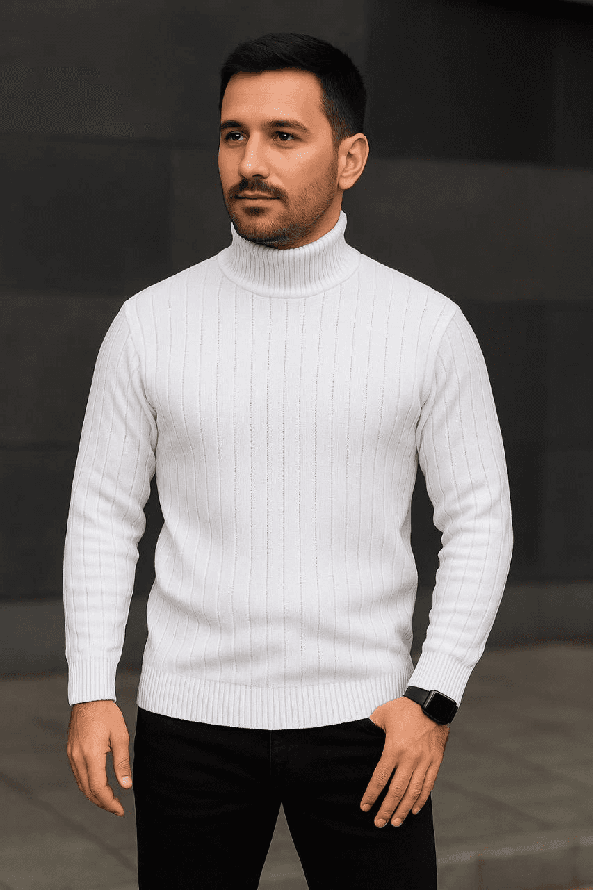 Erkek Tam Boğazlı Balıkçı Yaka Triko Kazak Kalın Fitilli - Beyaz