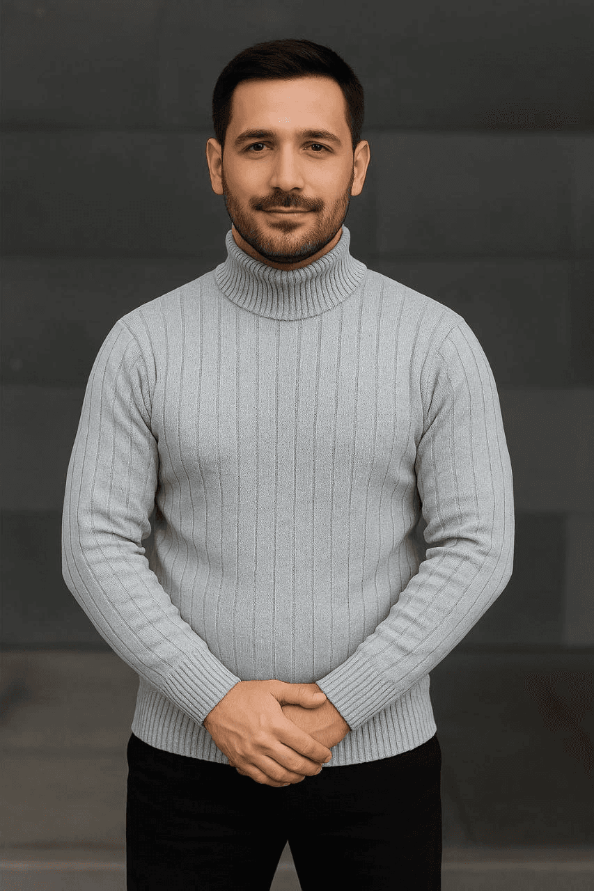 Erkek Tam Boğazlı Balıkçı Yaka Triko Kazak Kalın Fitilli - Gri