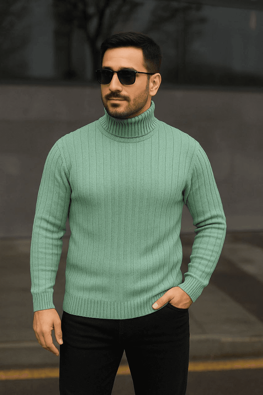 Erkek Tam Boğazlı Balıkçı Yaka Triko Kazak Kalın Fitilli - Mint Yeşili — görsel 1 / 3