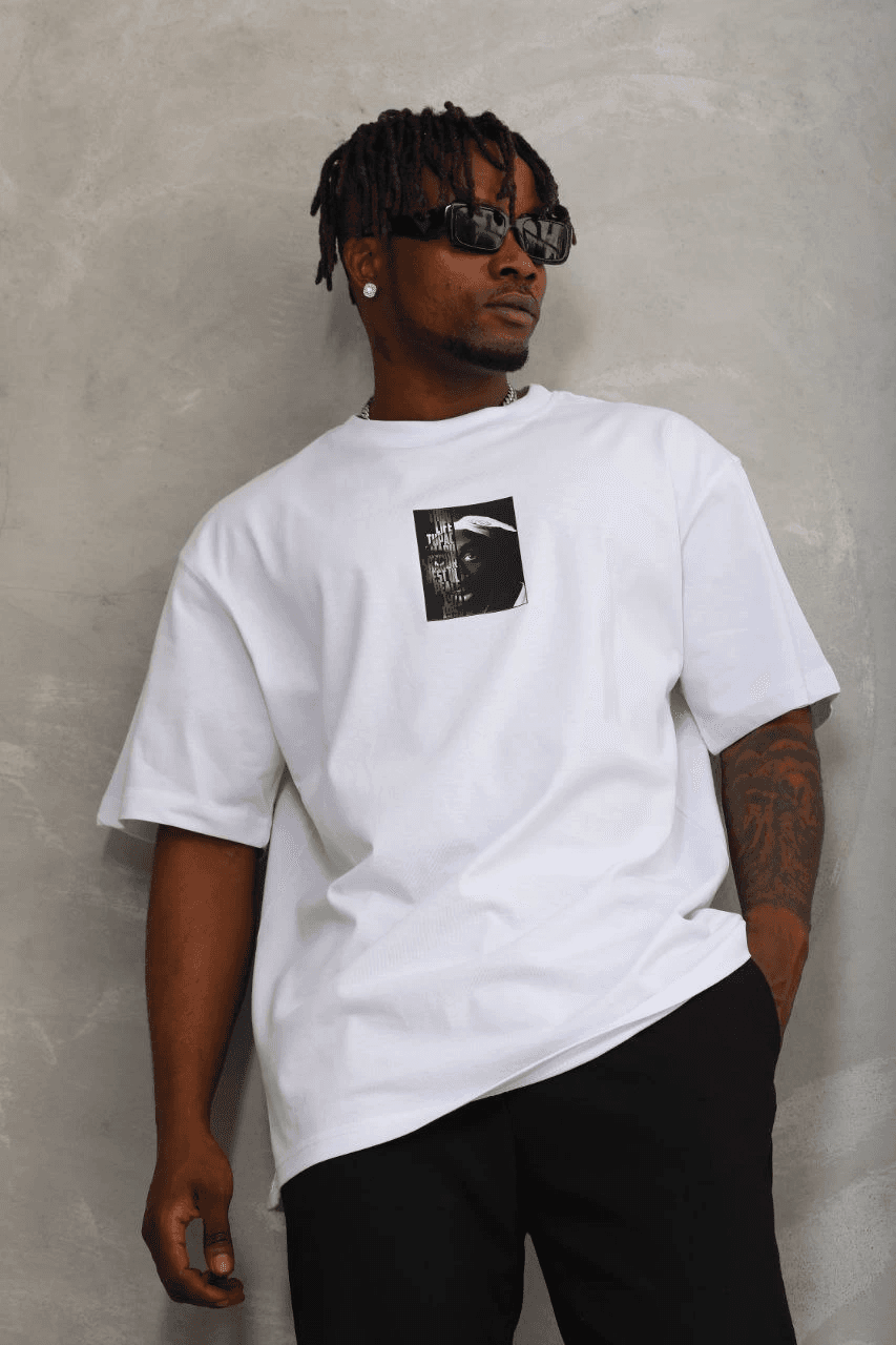 Erkek Kısa Kol Yazlık Tişört Bisiklet Yaka Baskılı Oversize T-Shirt - Beyaz — görsel 1 / 6