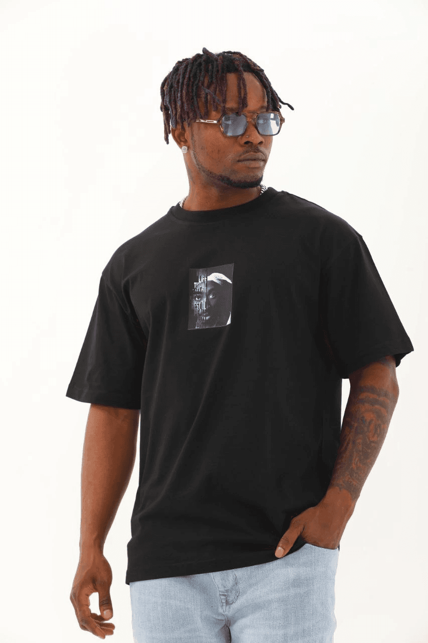 Erkek Kısa Kol Yazlık Tişört Bisiklet Yaka Baskılı Oversize T-Shirt - Siyah — görsel 1 / 6