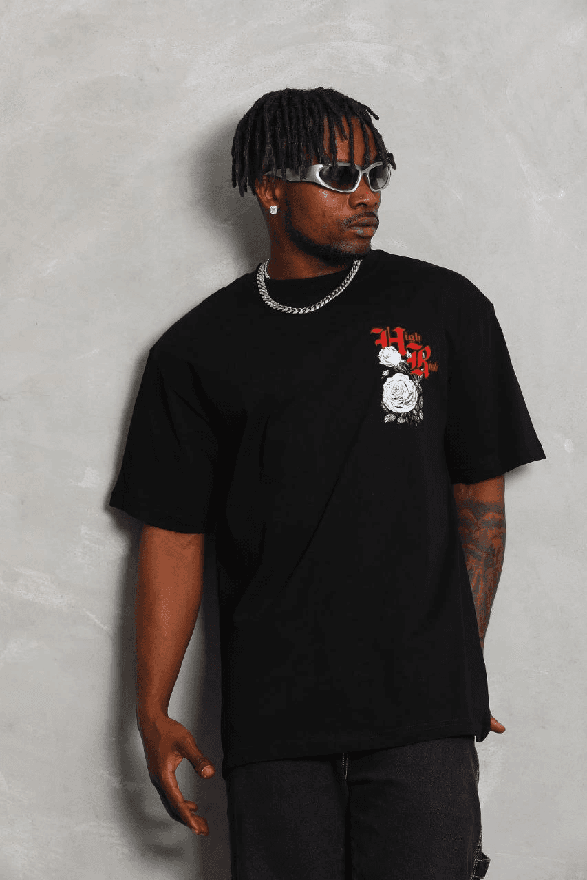 Erkek Kısa Kol Yazlık Tişört Bisiklet Yaka Baskılı Oversize T-Shirt - Siyah