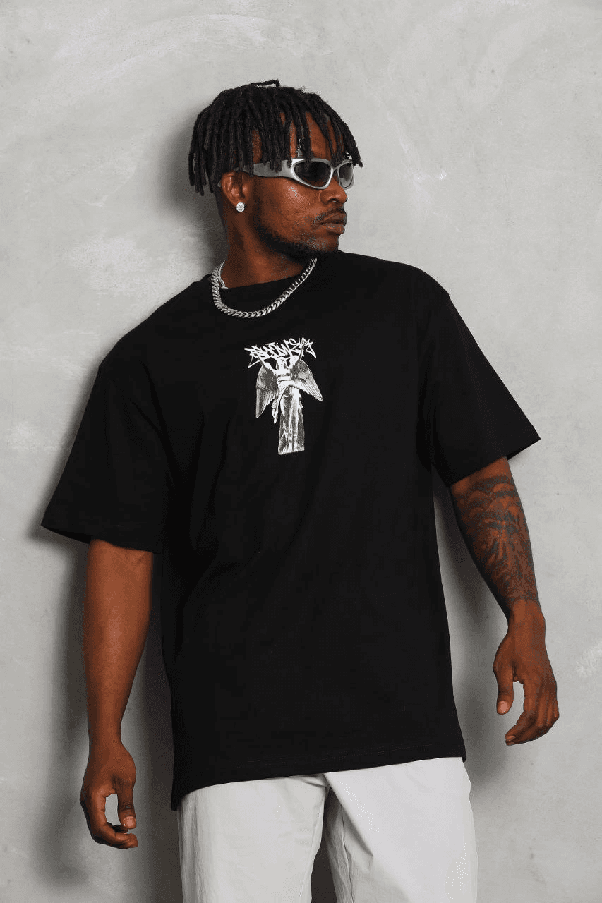 Erkek Kısa kol Baskılı Bisiklet Yaka T-Shirt - Siyah — görsel 1 / 4